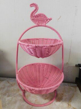 Pink Flamingo Wicker Rattan Woven Two Tier Basket